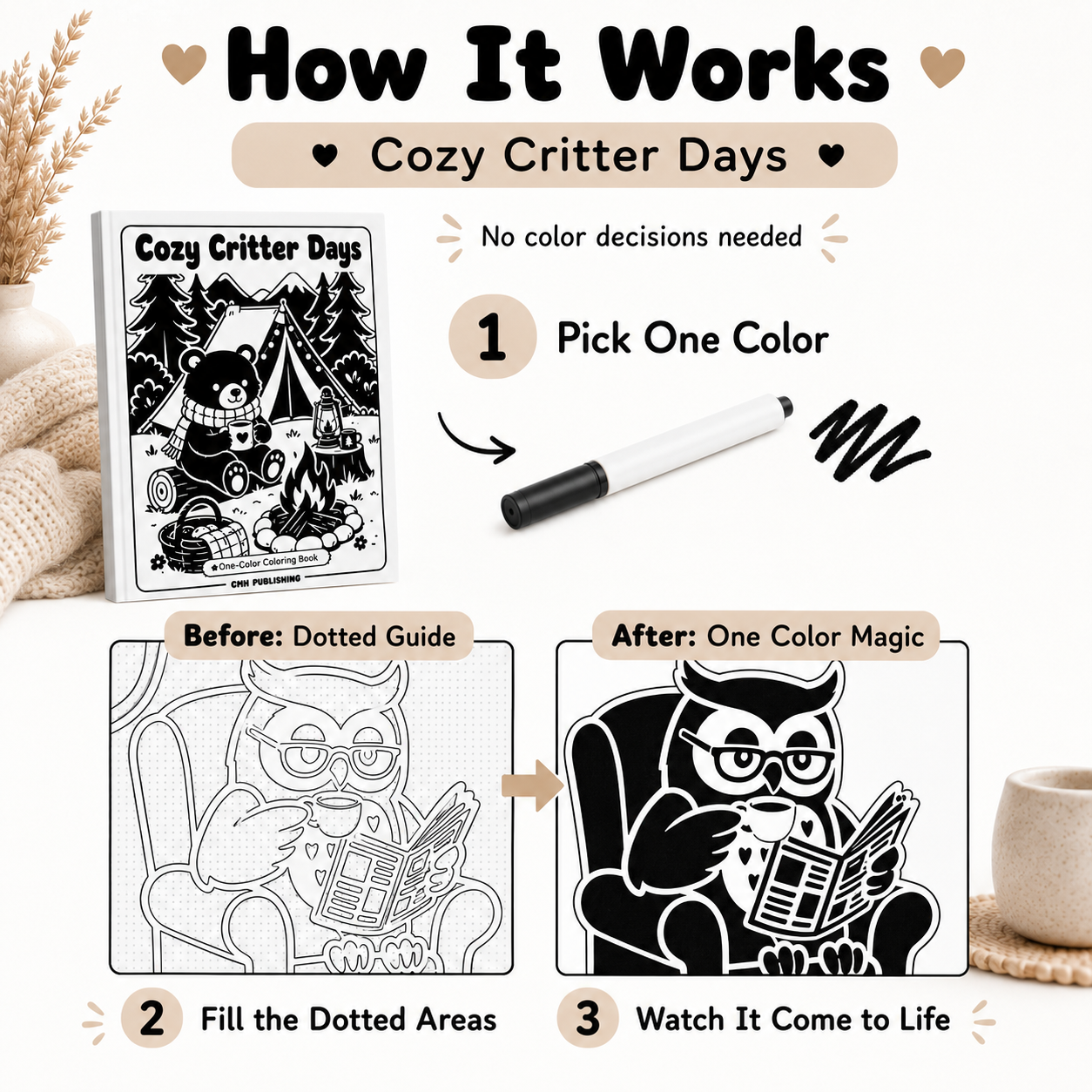 Cozy Critter Days: One-Color Monochrome Coloring Book Printable PDF