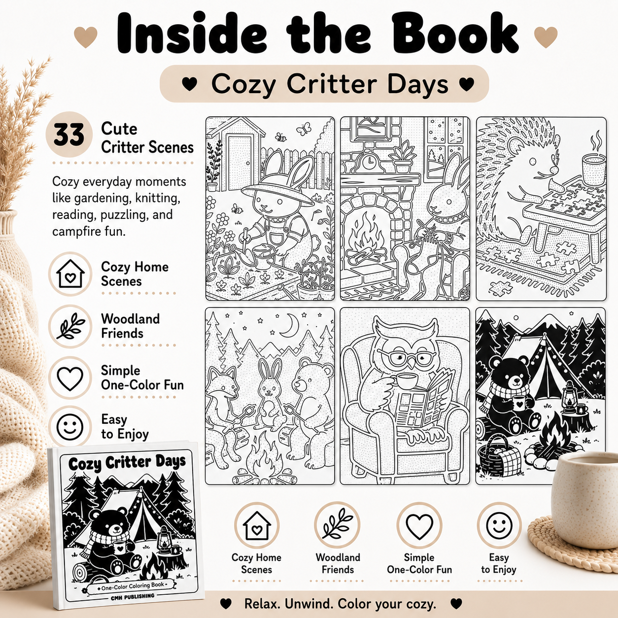 Cozy Critter Days: One-Color Monochrome Coloring Book Printable PDF
