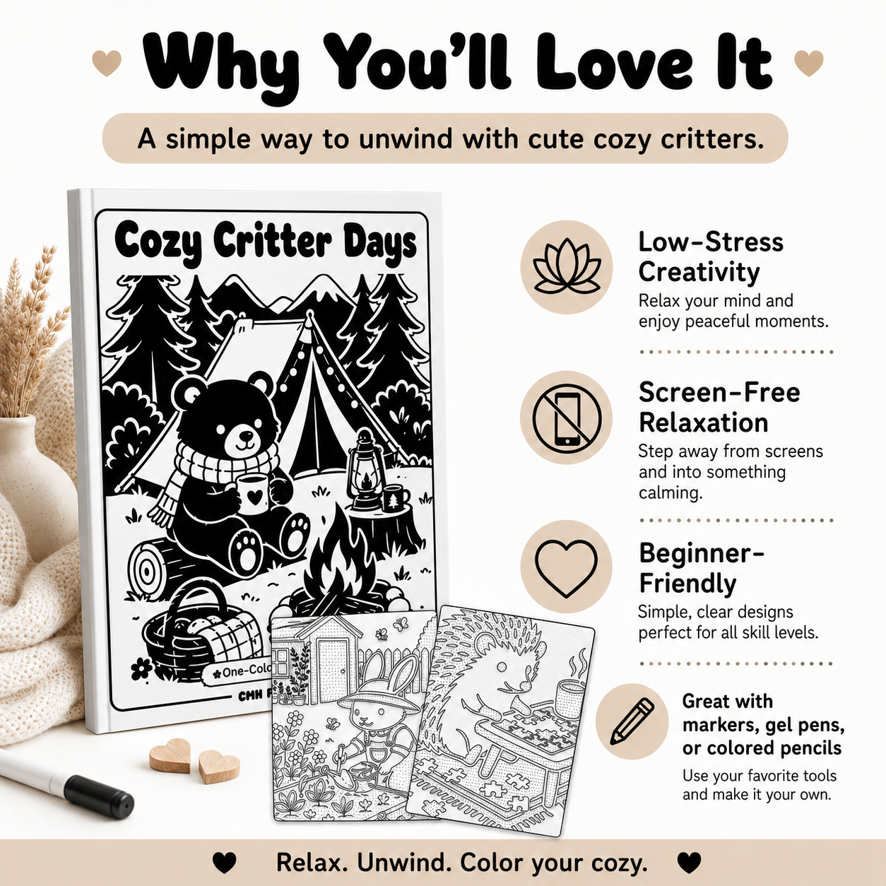 Cozy Critter Days: One-Color Monochrome Coloring Book Printable PDF