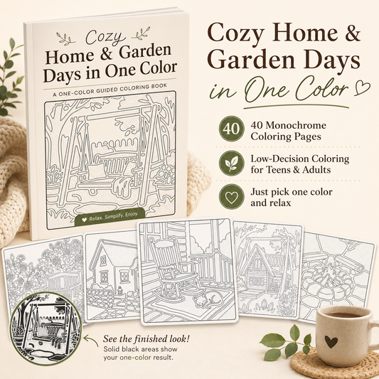Cozy Home & Garden Days in One Color coloring book shown with several sample monochrome page designs and marketing text on a warm beige background. A mug, leaves, and knitted fabric are styled around the product.