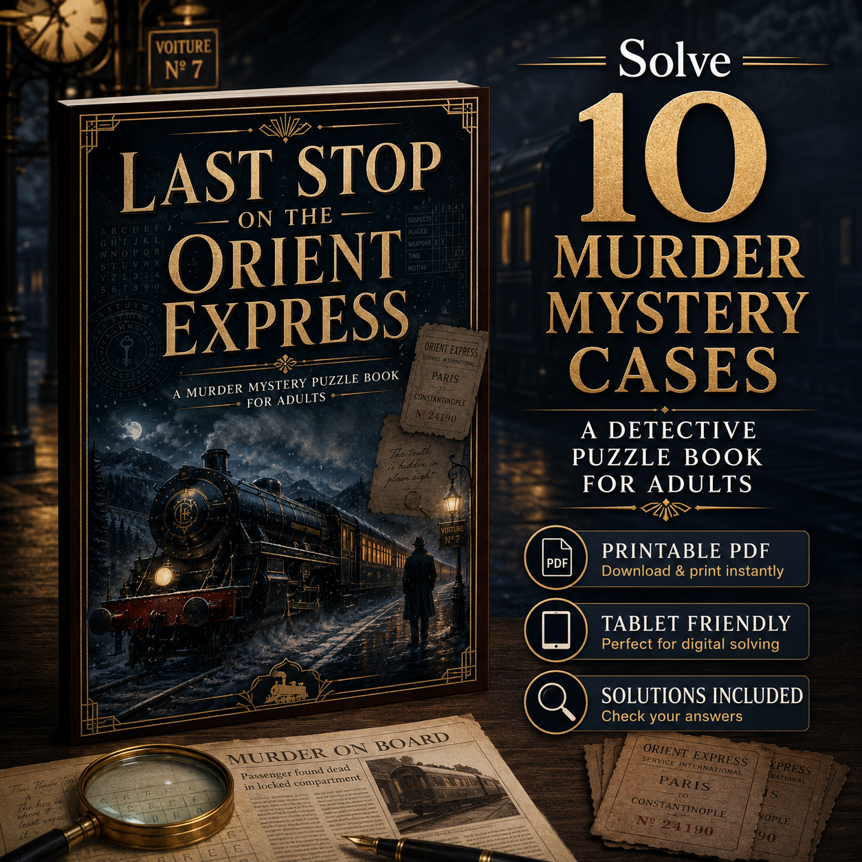 Last Stop on the Orient Express: 10 Murder Mystery Puzzle Cases for Adults, Digital PDF