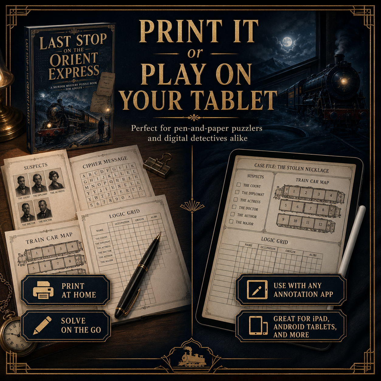 Last Stop on the Orient Express: 10 Murder Mystery Puzzle Cases for Adults, Digital PDF