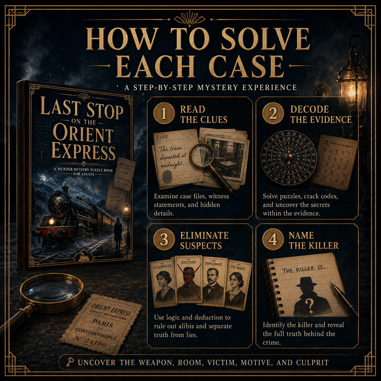 Last Stop on the Orient Express: 10 Murder Mystery Puzzle Cases for Adults, Digital PDF