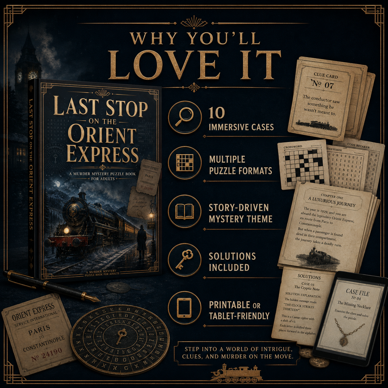Last Stop on the Orient Express: 10 Murder Mystery Puzzle Cases for Adults, Digital PDF