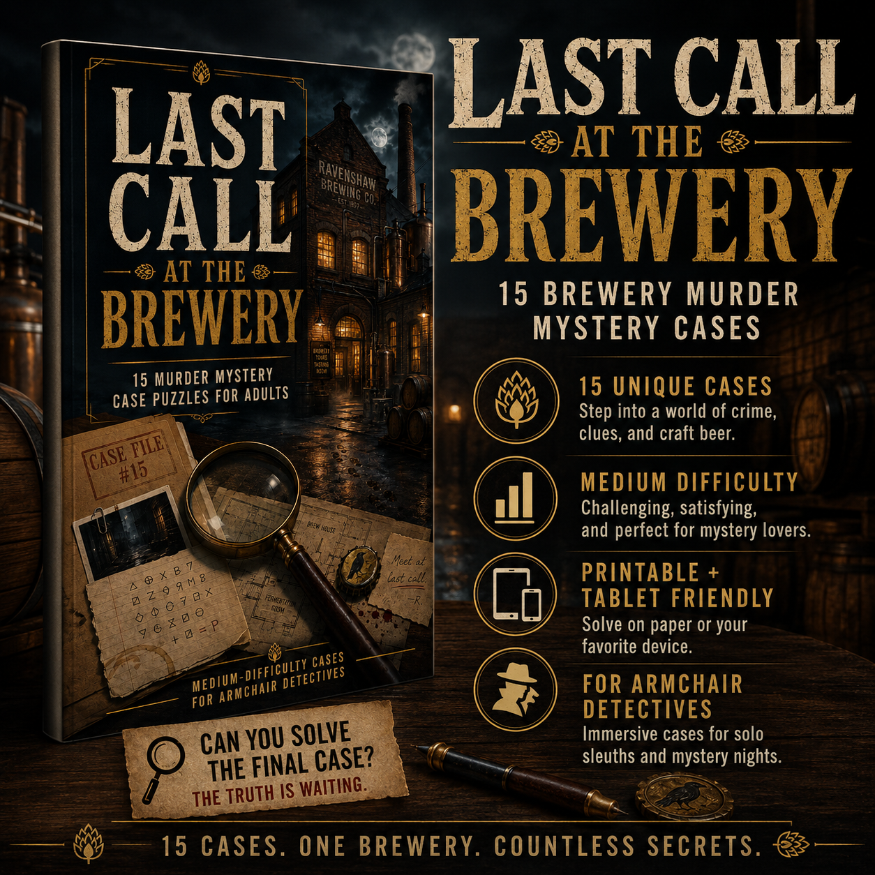 Last Call at the Brewery: 15 Murder Mystery Case Puzzles Digital PDF