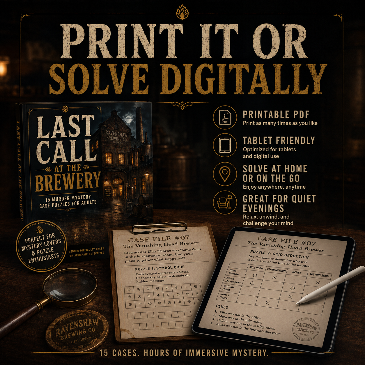 Last Call at the Brewery: 15 Murder Mystery Case Puzzles Digital PDF