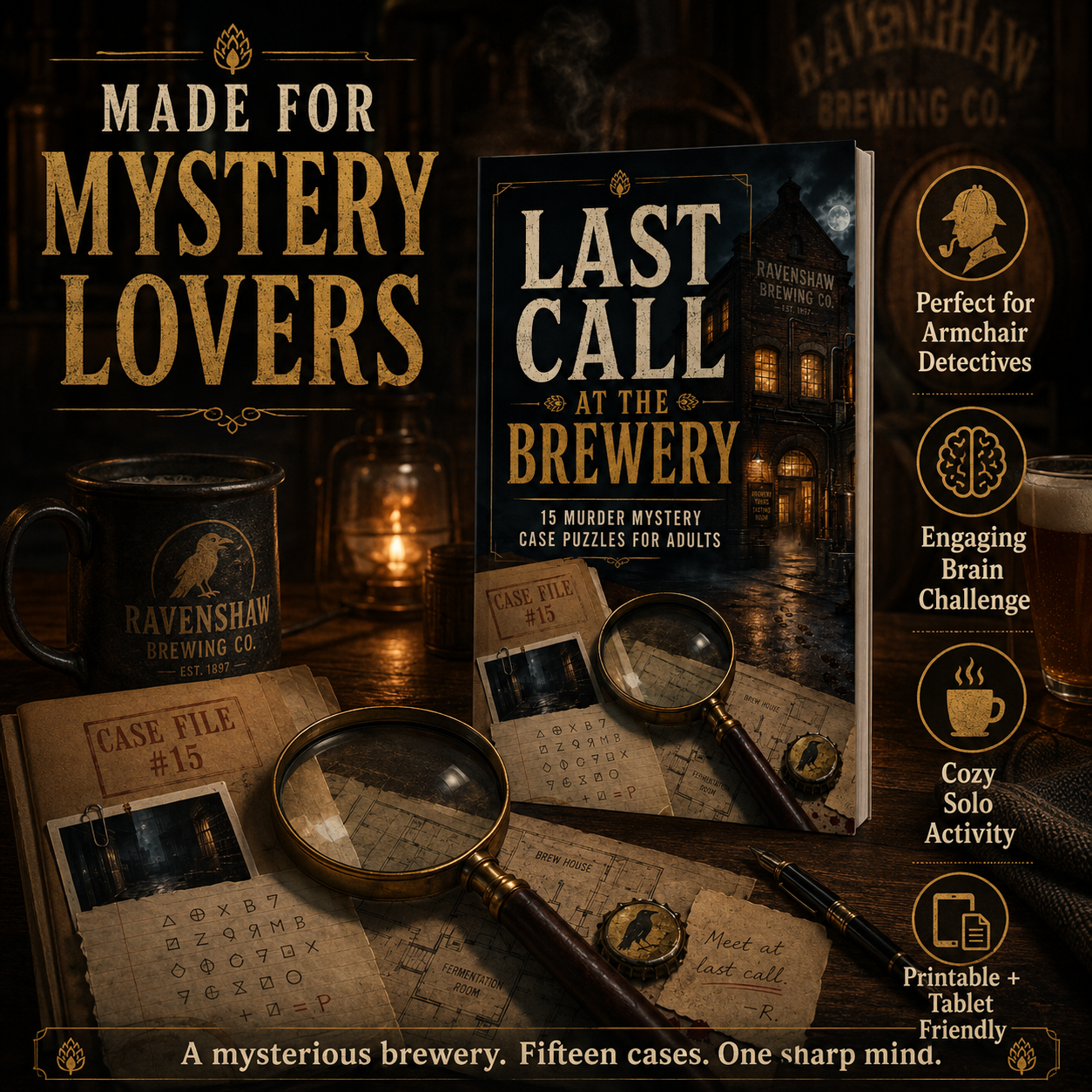 Last Call at the Brewery: 15 Murder Mystery Case Puzzles Digital PDF