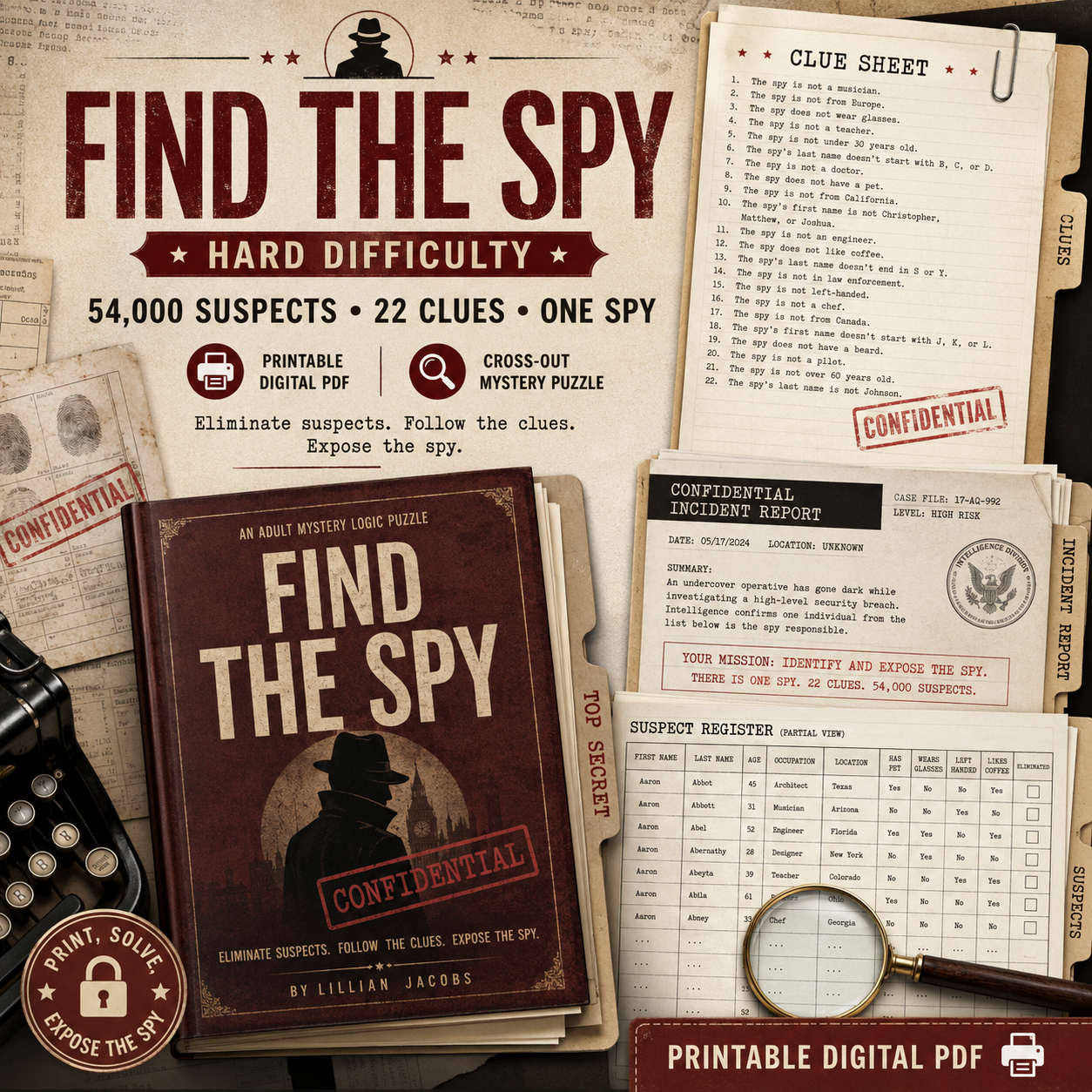Find the Spy Printable Mystery Puzzle, 54,000 Suspect Logic Game, Digital PDF