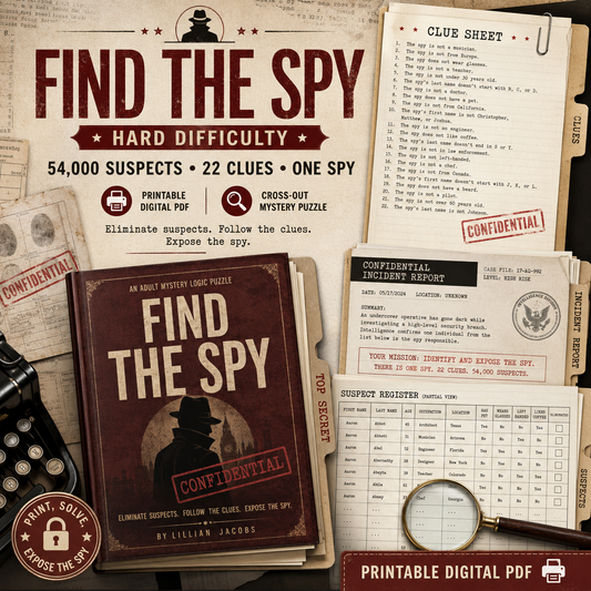 Find the Spy Printable Mystery Puzzle, 54,000 Suspect Logic Game, Digital PDF