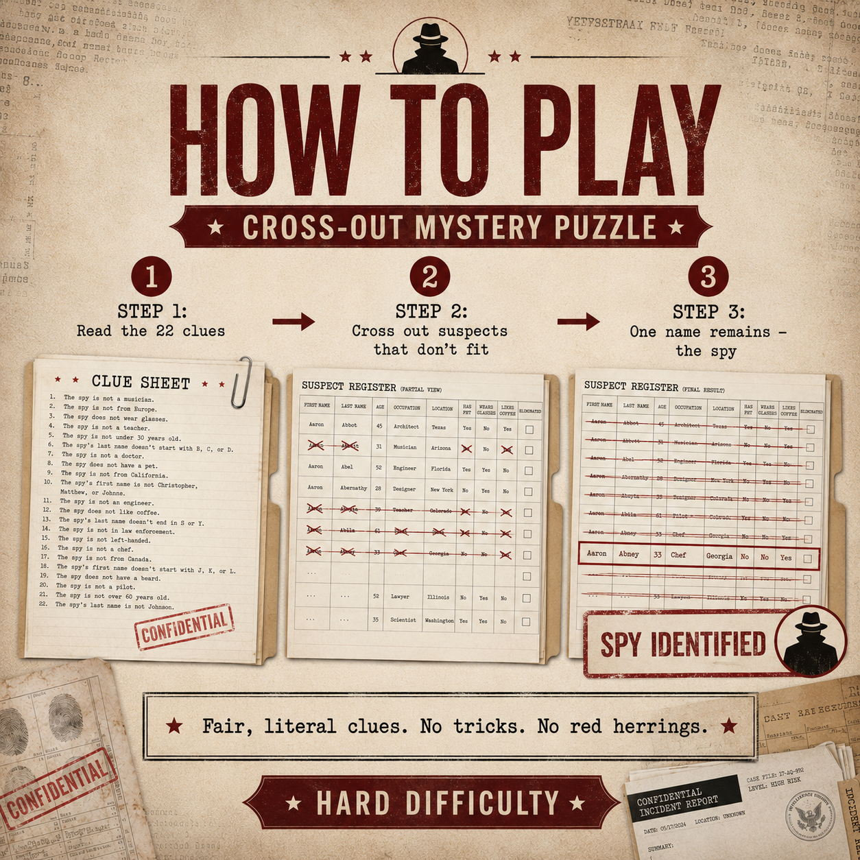 Find the Spy Printable Mystery Puzzle, 54,000 Suspect Logic Game, Digital PDF