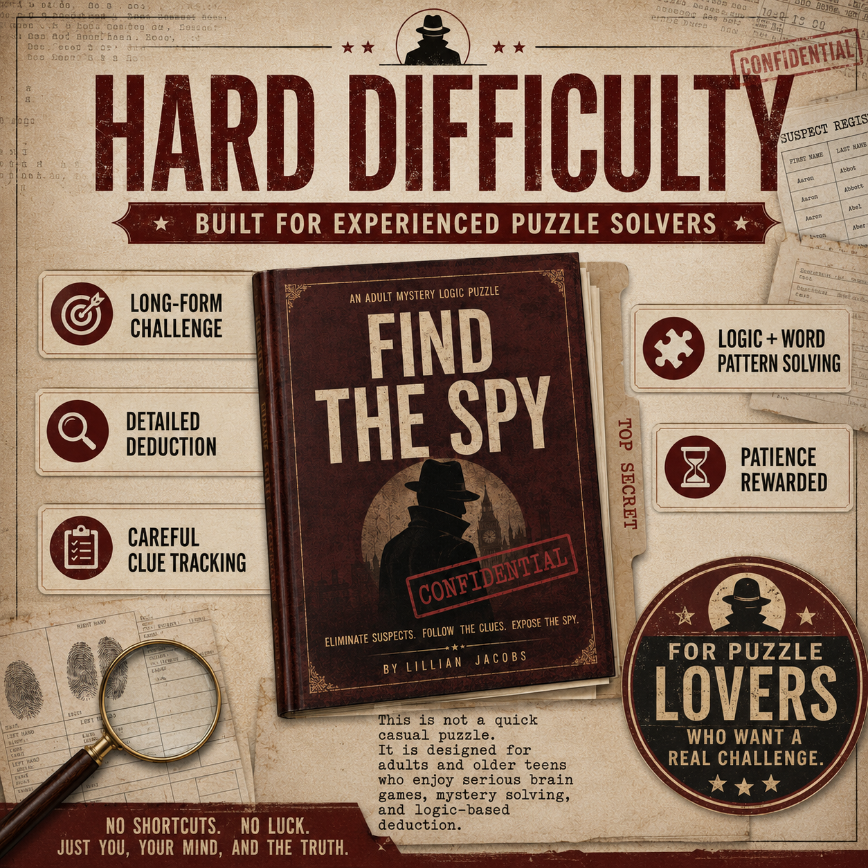 Find the Spy Printable Mystery Puzzle, 54,000 Suspect Logic Game, Digital PDF