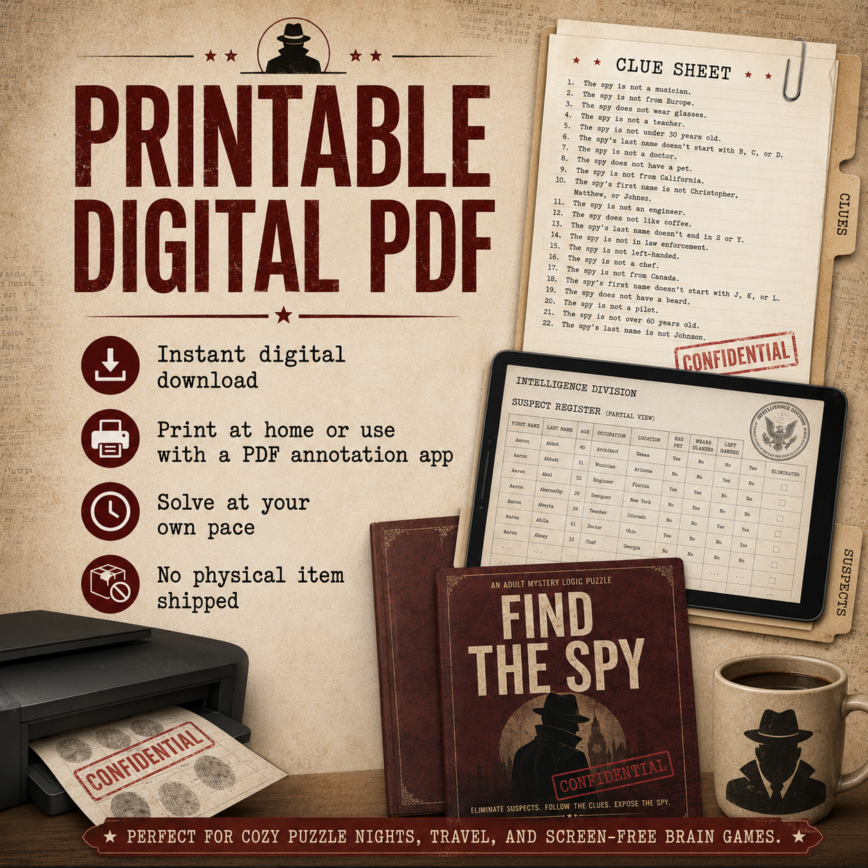Find the Spy Printable Mystery Puzzle, 54,000 Suspect Logic Game, Digital PDF