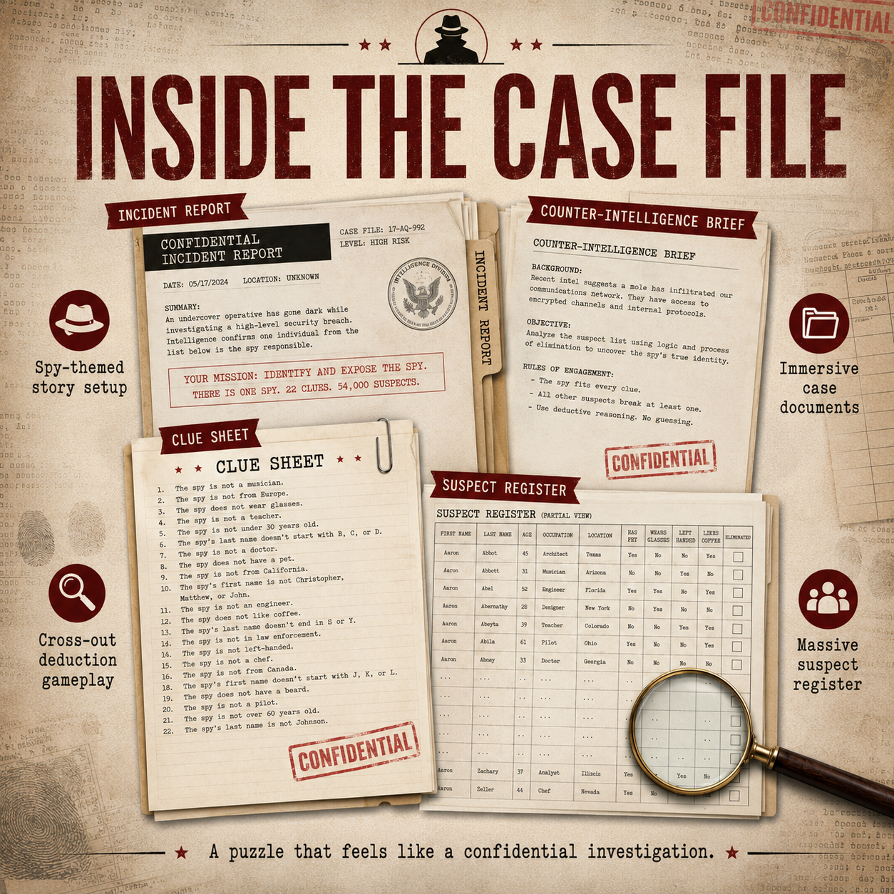 Find the Spy Printable Mystery Puzzle, 54,000 Suspect Logic Game, Digital PDF