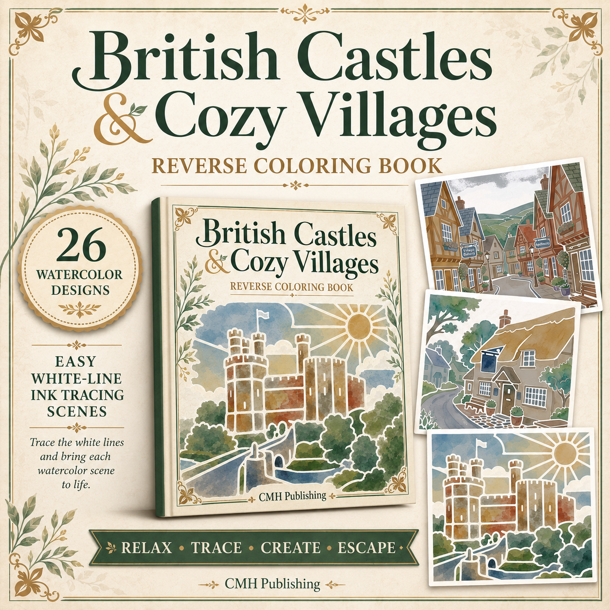 British Castles & Cozy Villages Reverse Coloring Book