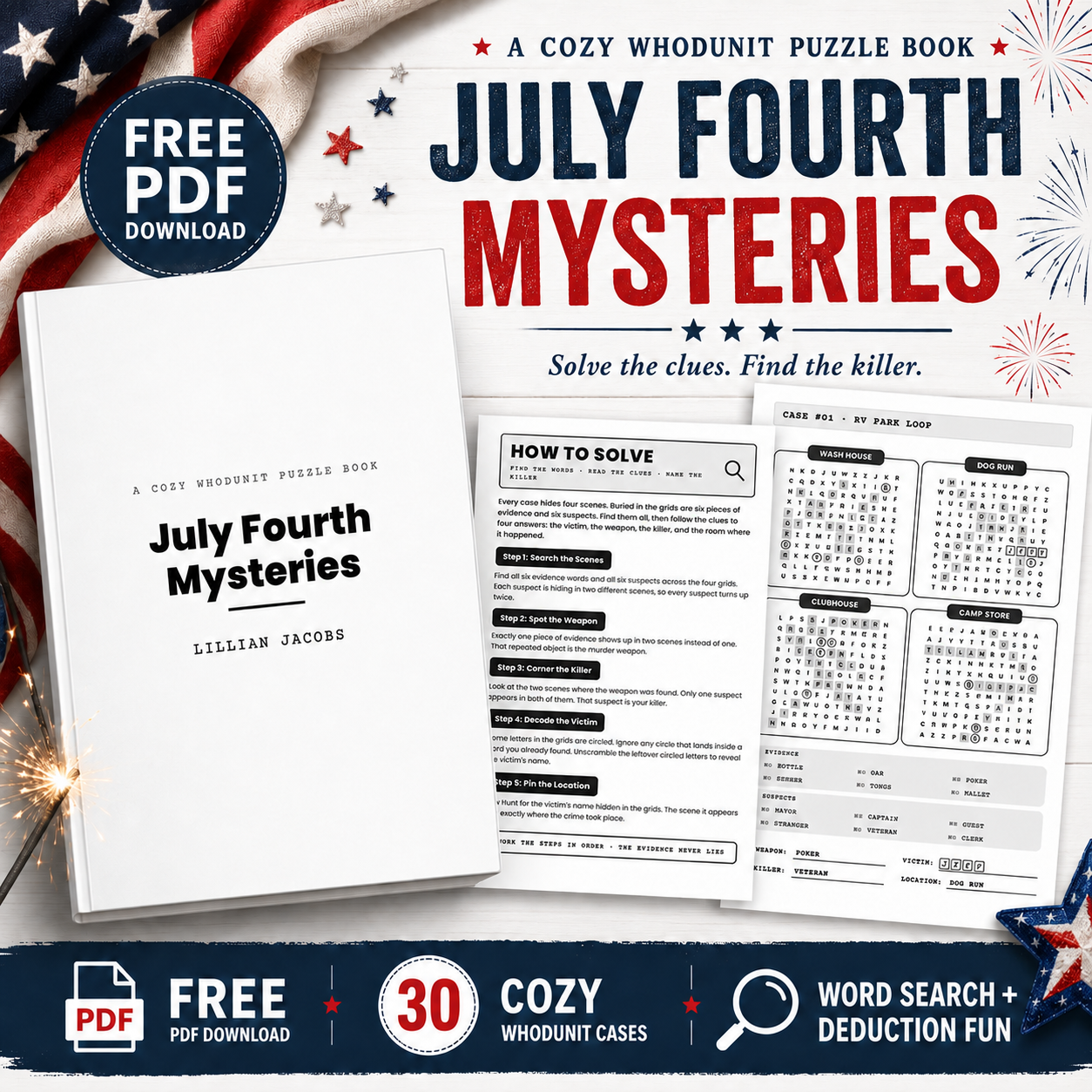 Free July Fourth Mysteries Puzzle Book PDF | Cozy Whodunit Word Search Mystery Game