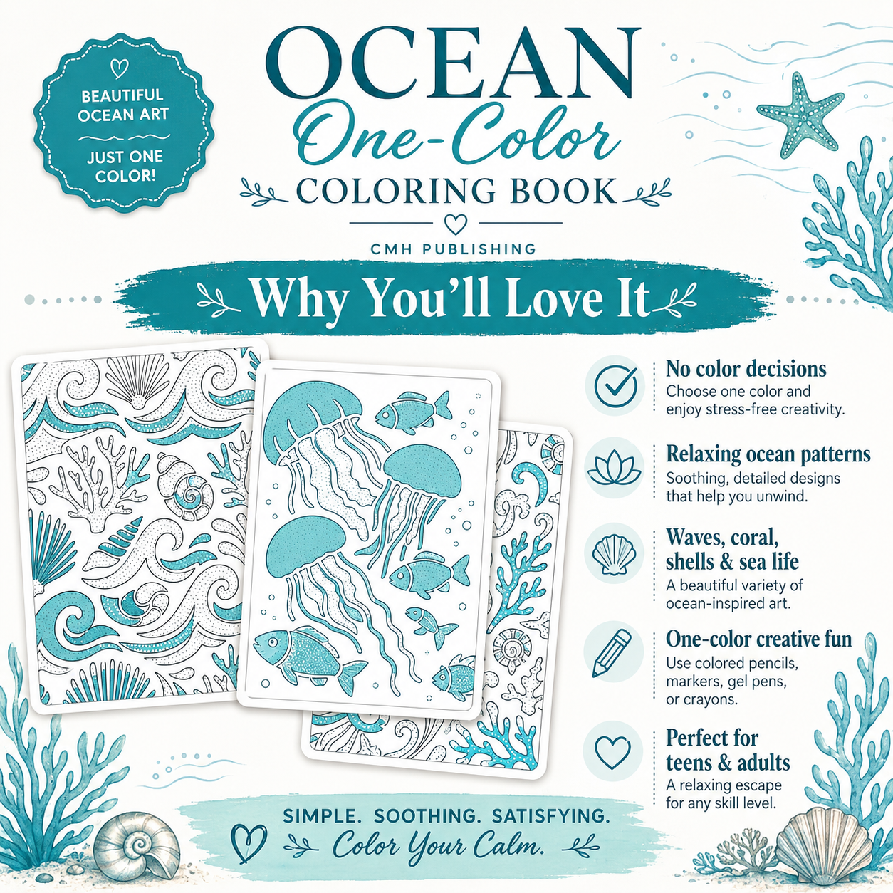 Ocean One-Color Coloring Book for Teens & Adults