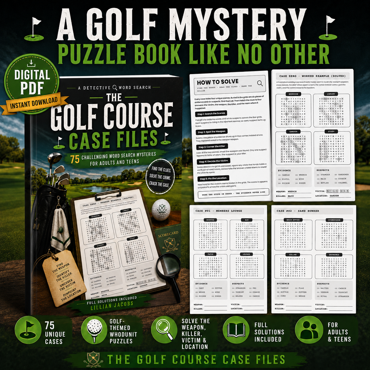 The Golf Course Case Files, 75 Challenging Whodunit Word Search Mysteries, PDF