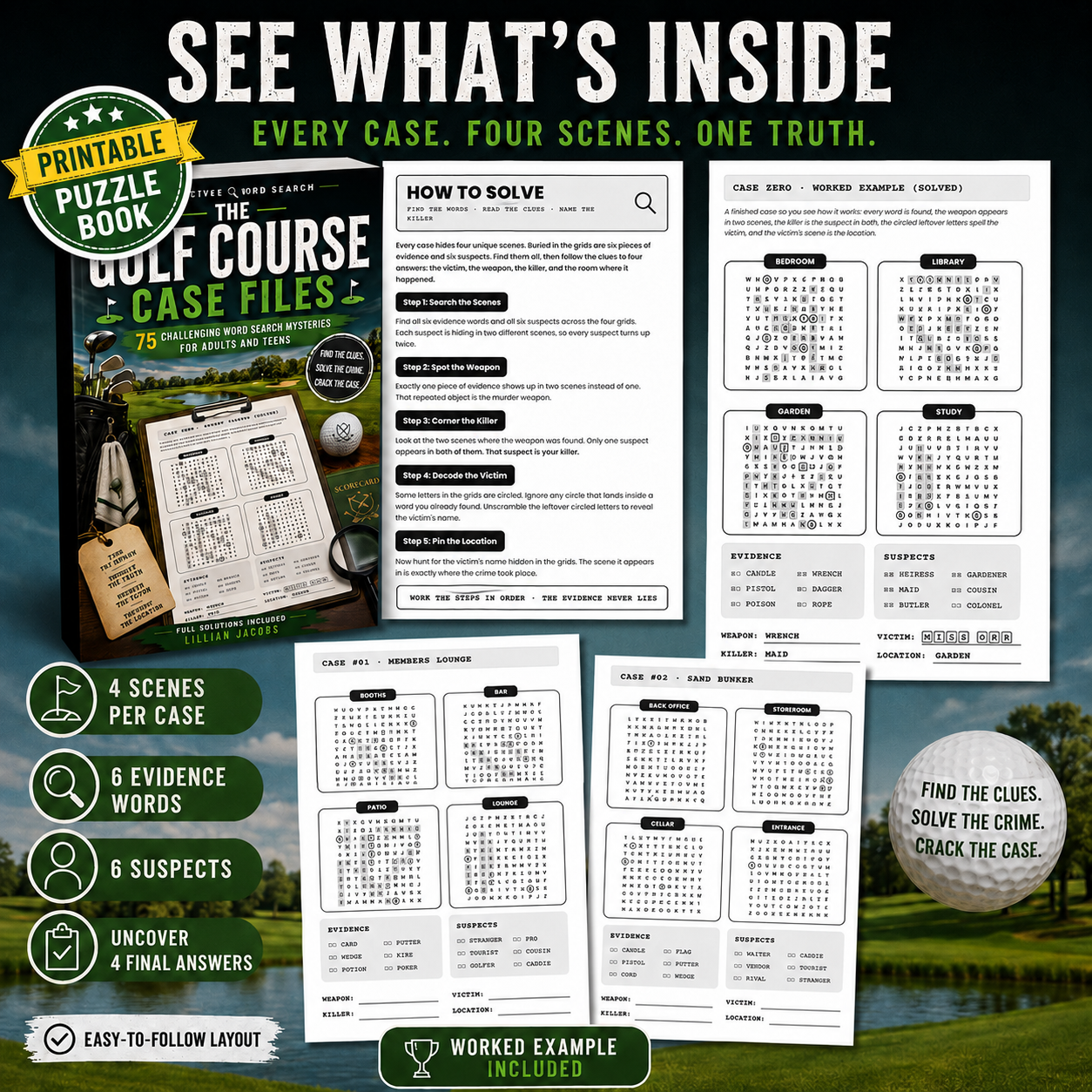 The Golf Course Case Files, 75 Challenging Whodunit Word Search Mysteries, PDF