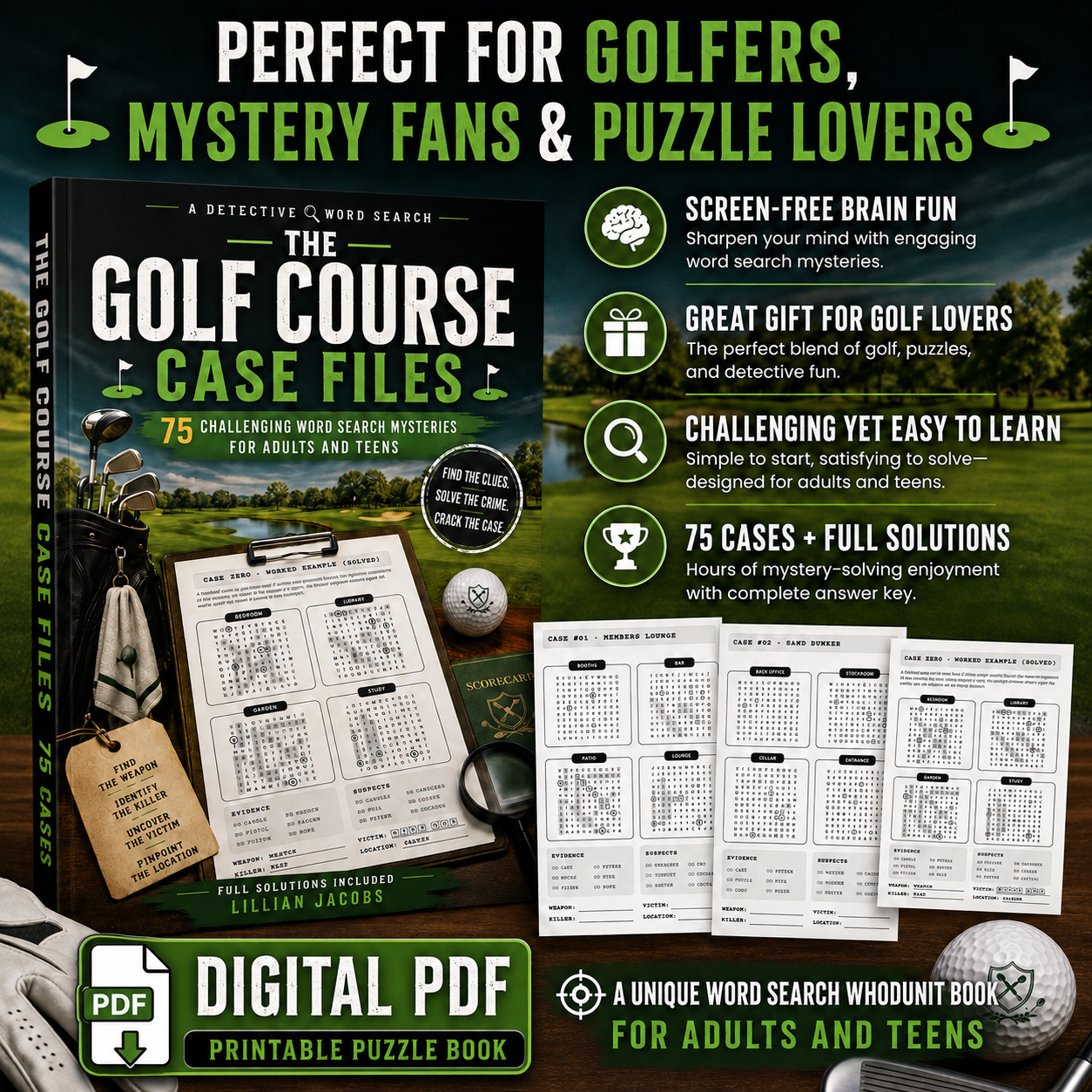 The Golf Course Case Files, 75 Challenging Whodunit Word Search Mysteries, PDF