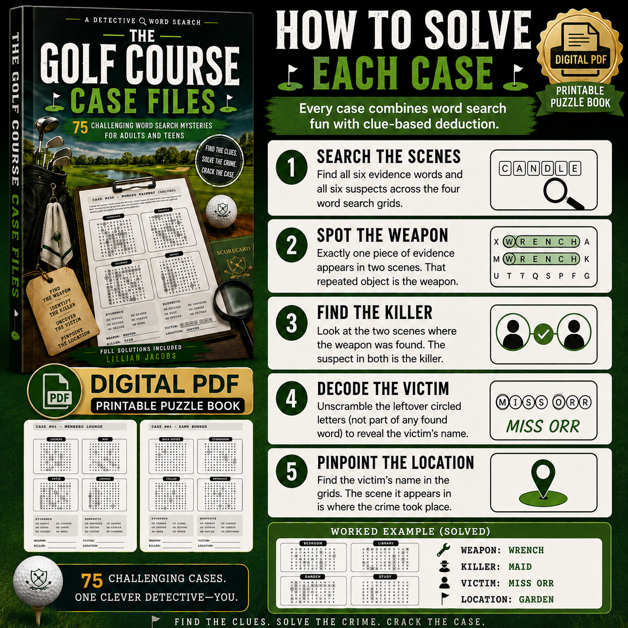 The Golf Course Case Files, 75 Challenging Whodunit Word Search Mysteries, PDF