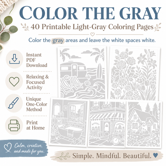 Color the Gray Printable Coloring Book, 40 Light Gray Designs to Color