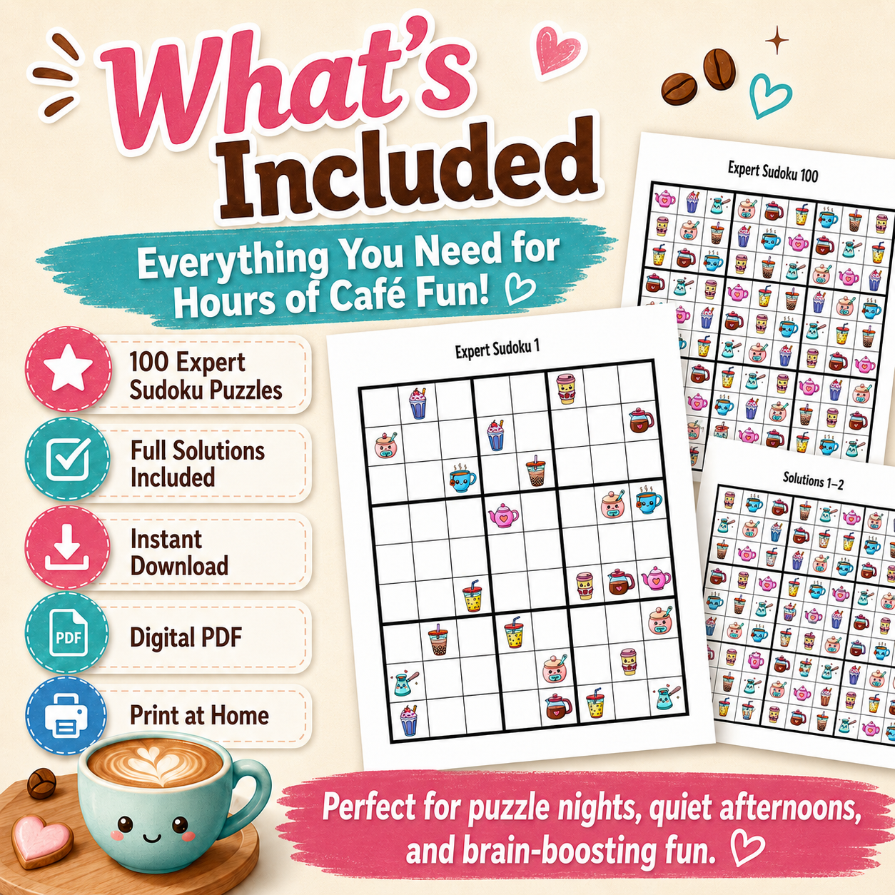 Cafe Emoji Sudoku Printable Puzzles, 100 Expert for Adults & Seniors
