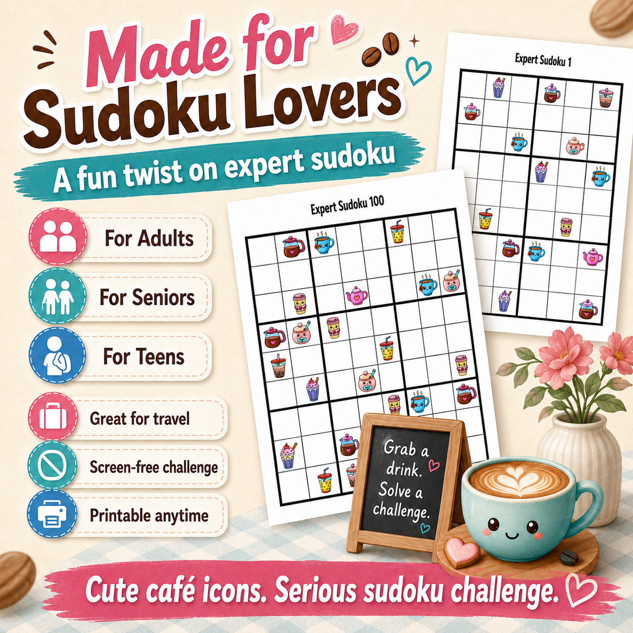 Cafe Emoji Sudoku Printable Puzzles, 100 Expert for Adults & Seniors