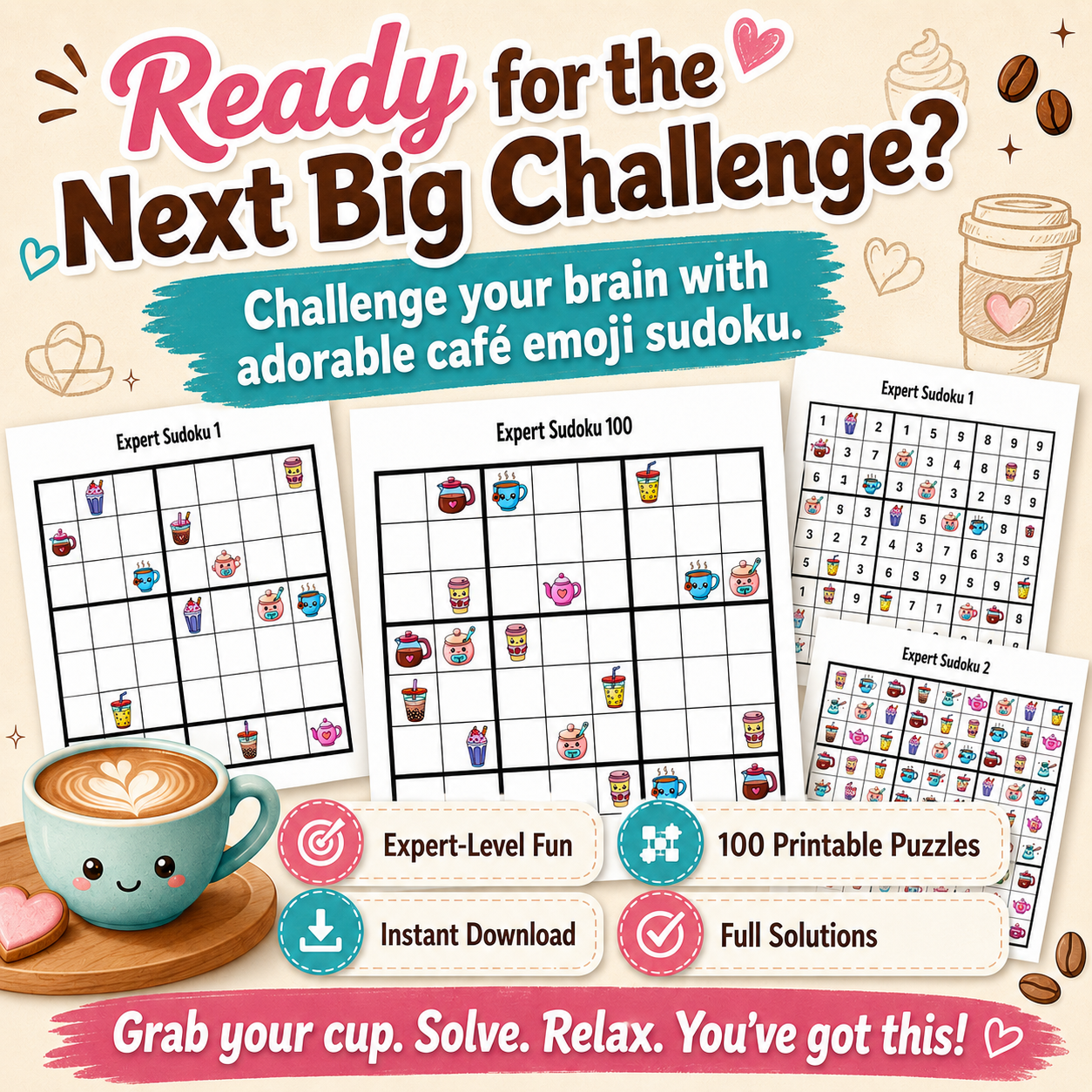 Cafe Emoji Sudoku Printable Puzzles, 100 Expert for Adults & Seniors