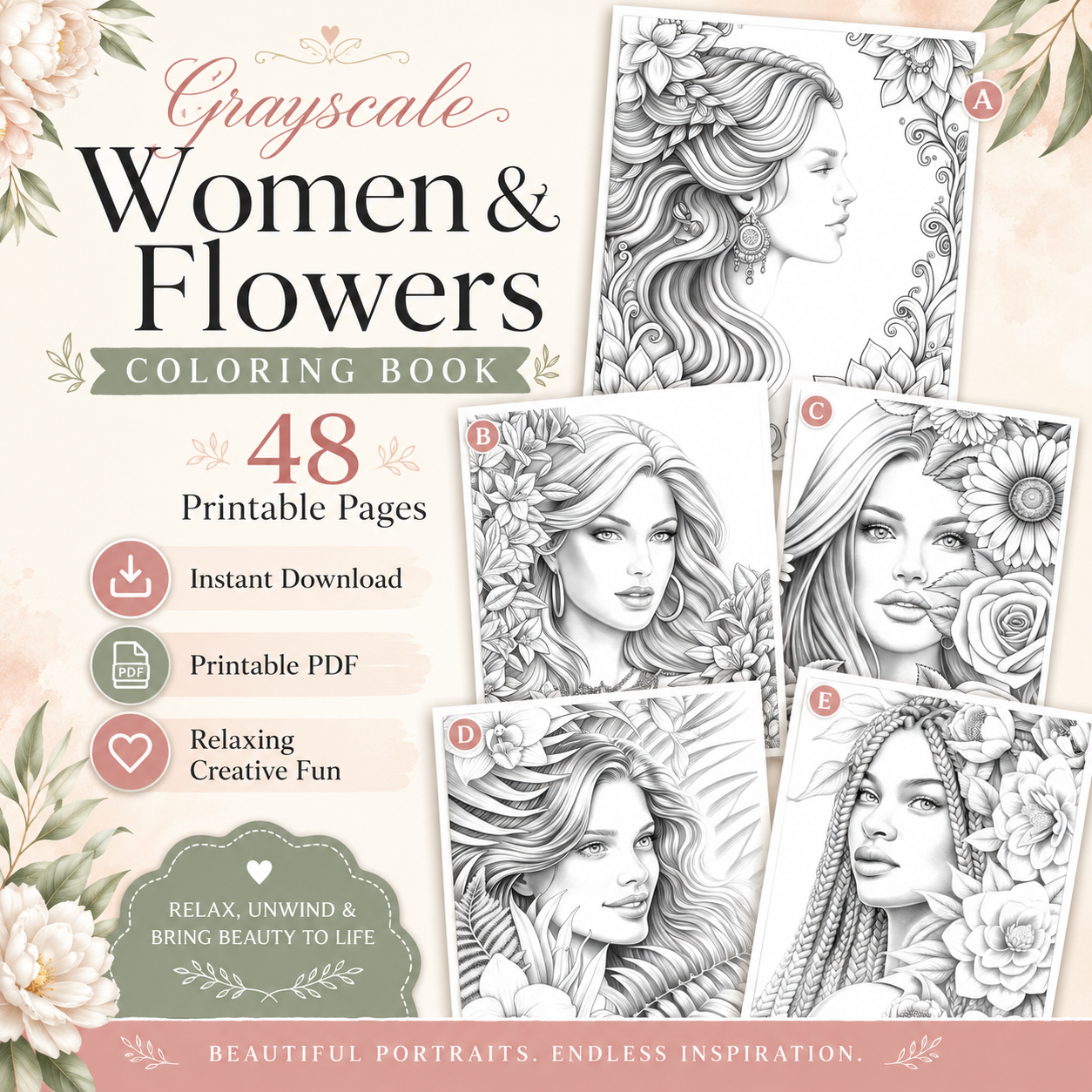 Grayscale Women Coloring Book vol 2, 48 PagesPrintable PDF Download