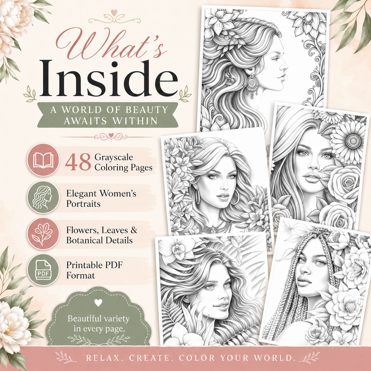 Grayscale Women Coloring Book vol 2, 48 PagesPrintable PDF Download