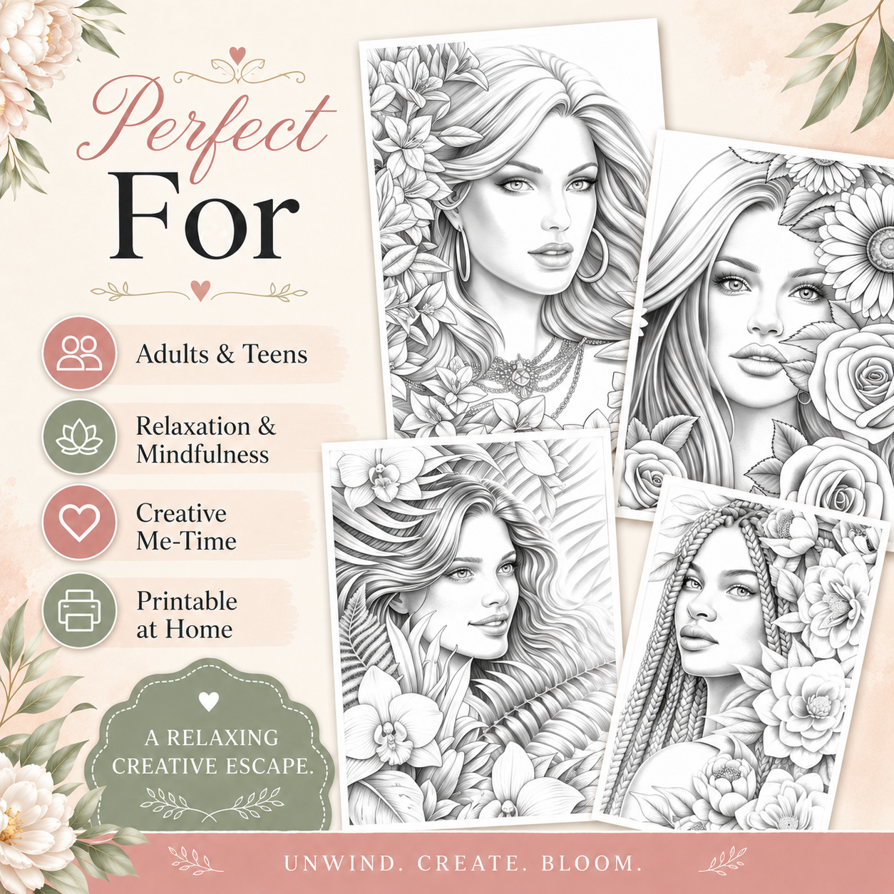 Grayscale Women Coloring Book vol 2, 48 PagesPrintable PDF Download