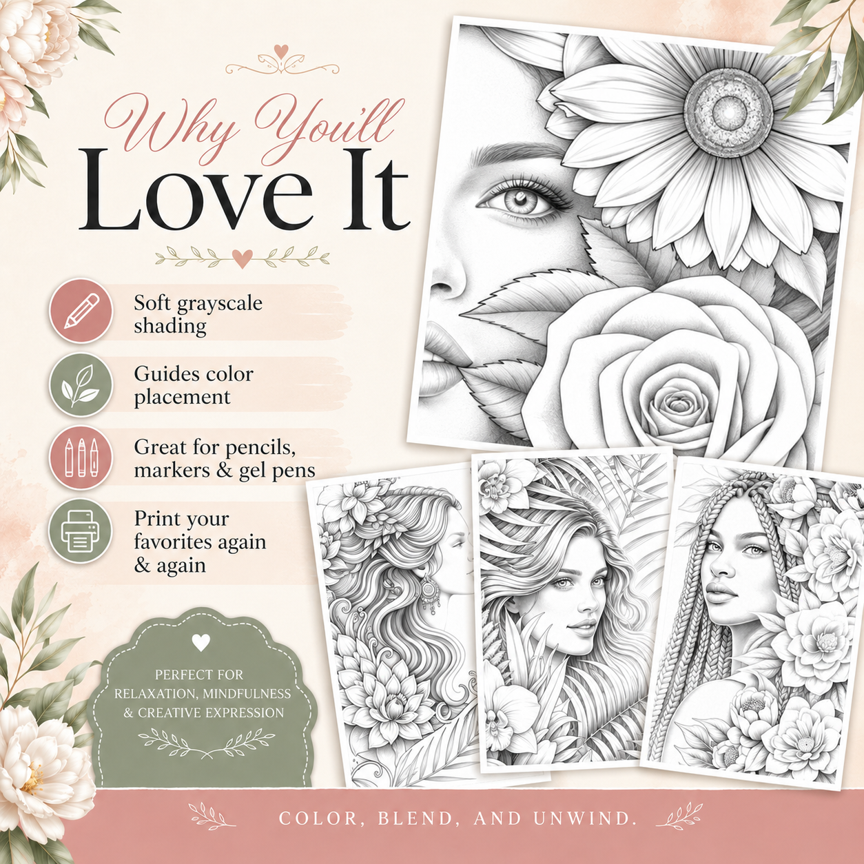 Grayscale Women Coloring Book vol 2, 48 PagesPrintable PDF Download