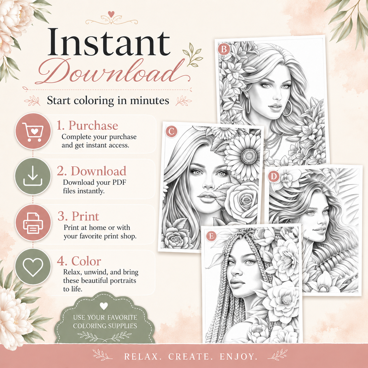 Grayscale Women Coloring Book vol 2, 48 PagesPrintable PDF Download