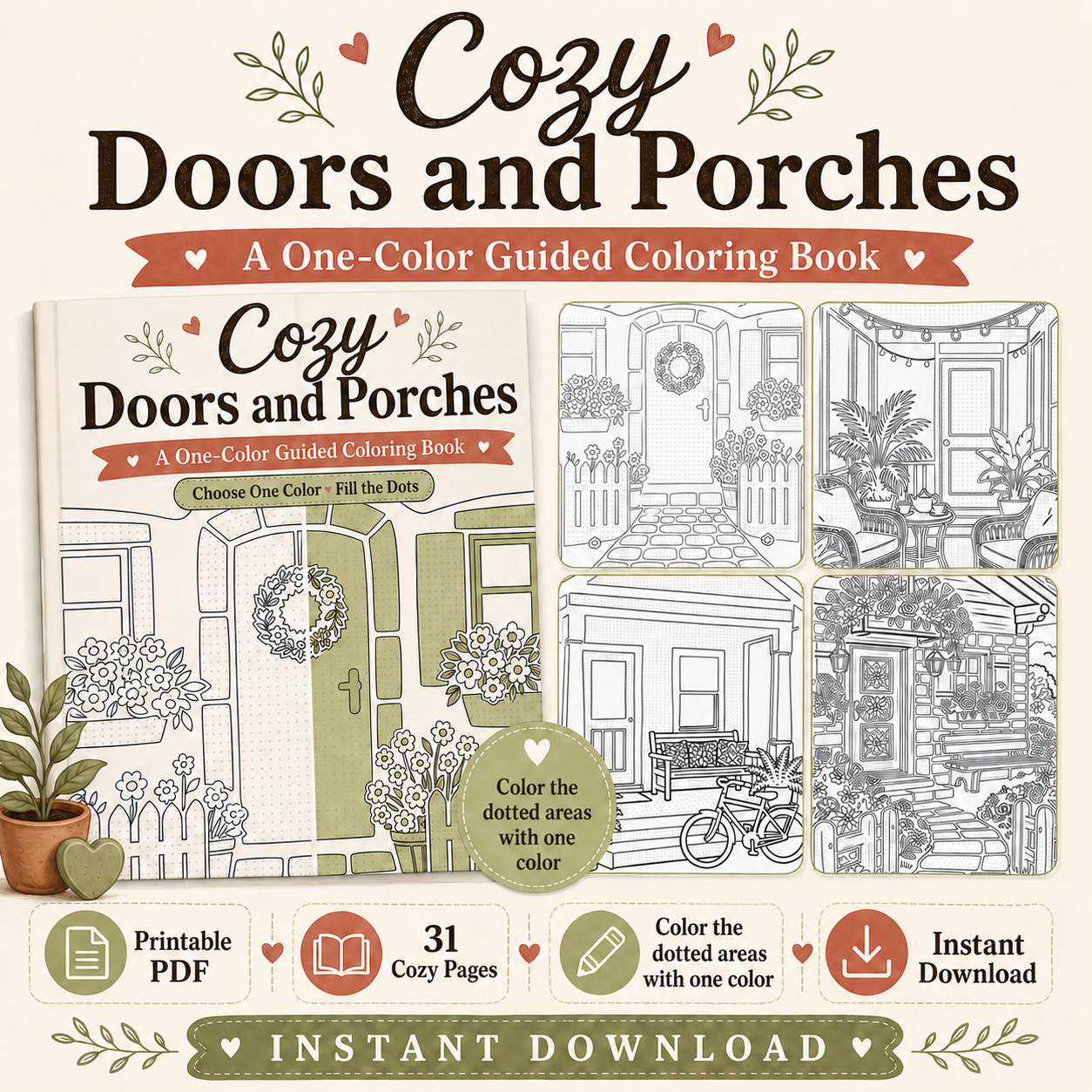 Cozy Porch and Doors, A One-Color Guided Monochrome PDF Coloring Book