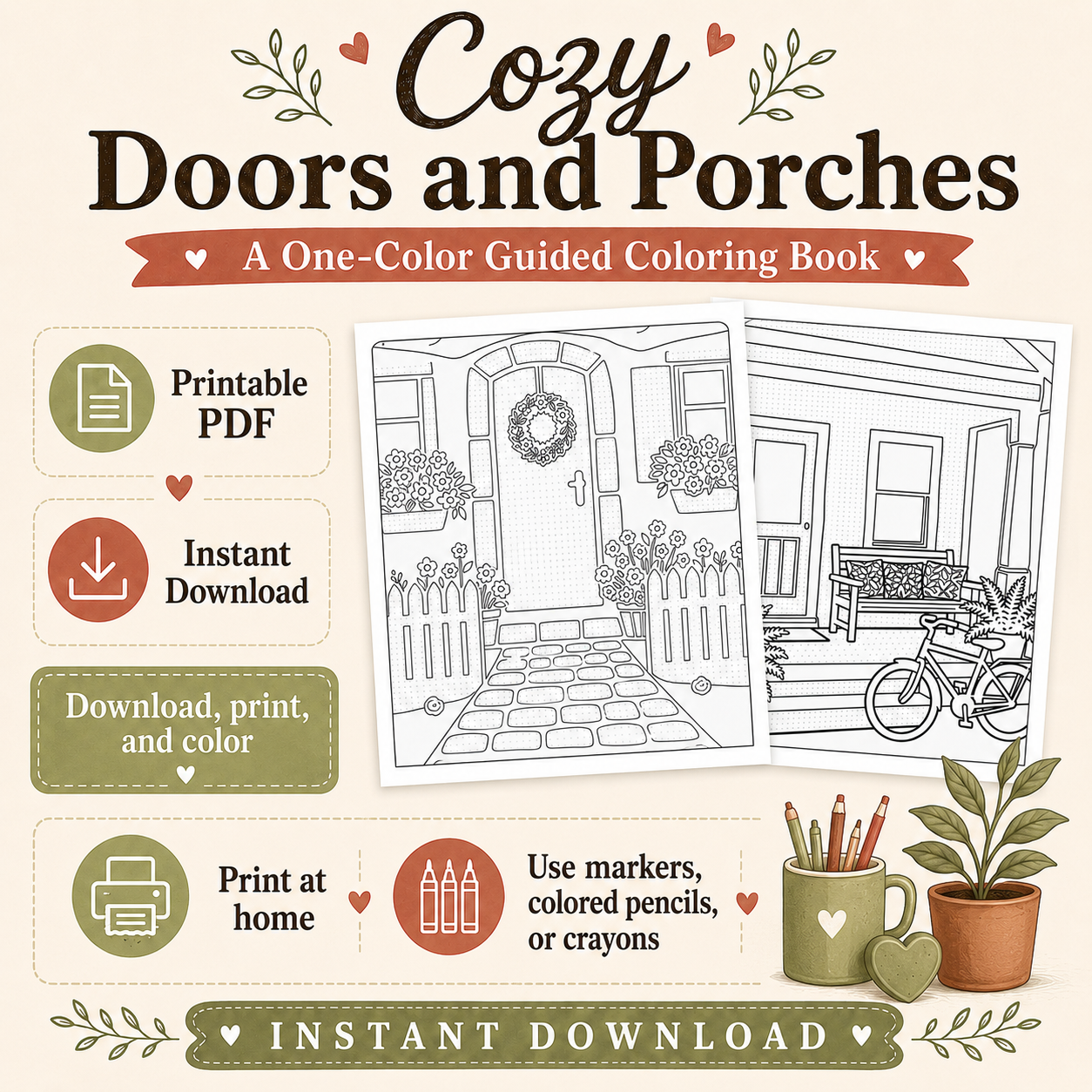 Cozy Porch and Doors, A One-Color Guided Monochrome PDF Coloring Book