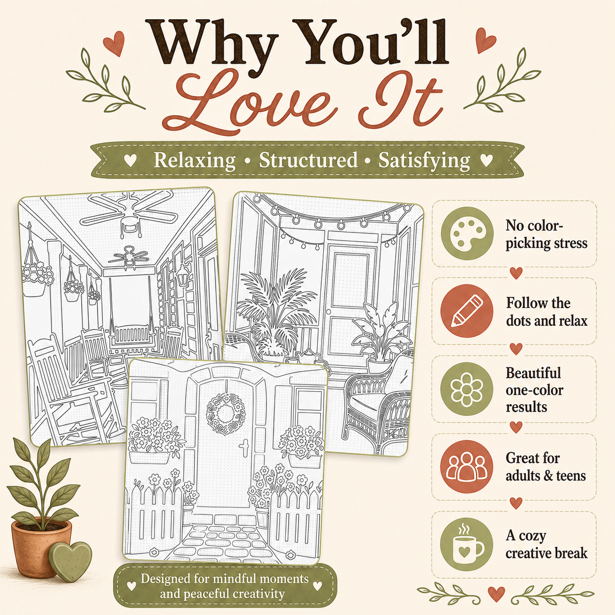 Cozy Porch and Doors, A One-Color Guided Monochrome PDF Coloring Book
