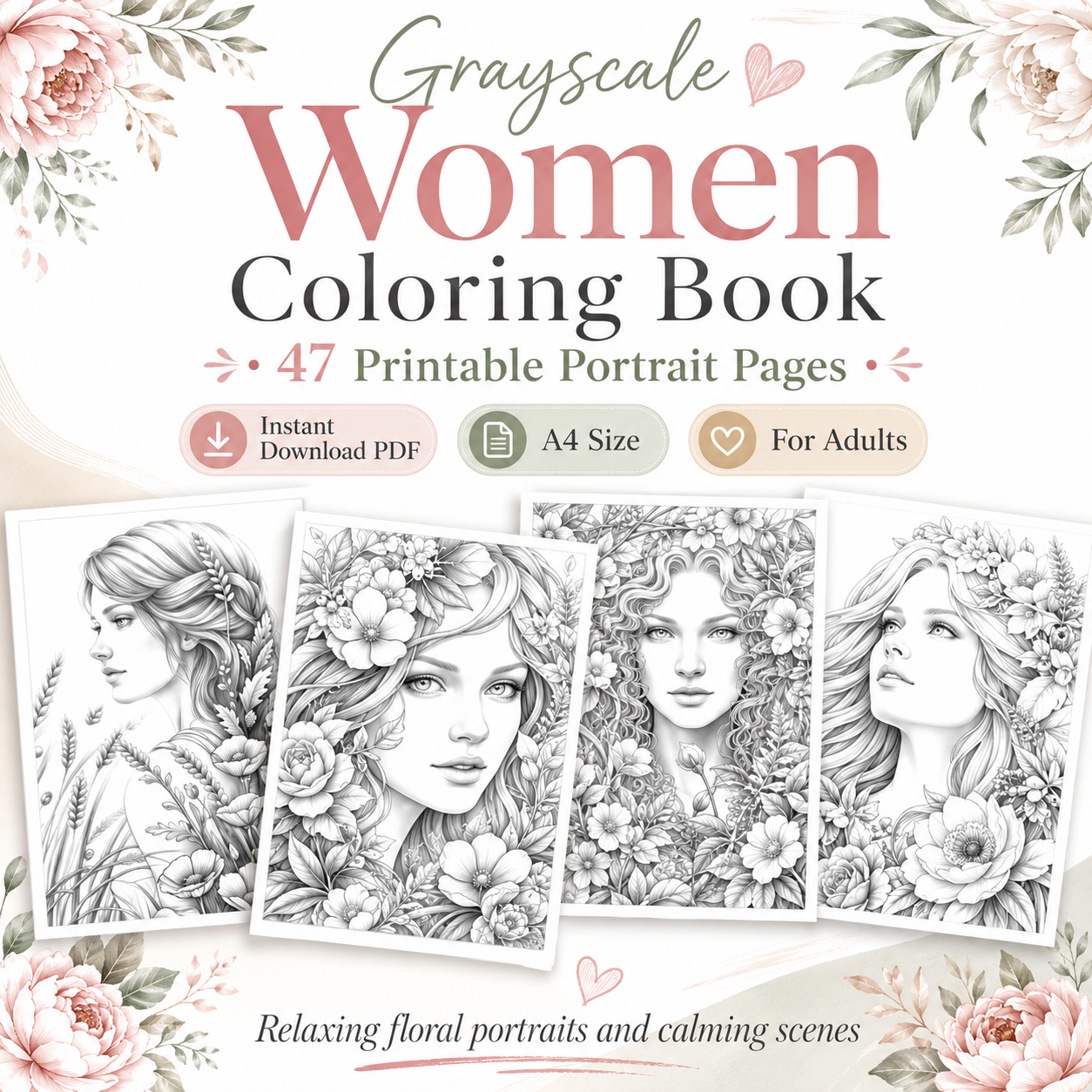 Grayscale Women Coloring Book, Printable PDF Download