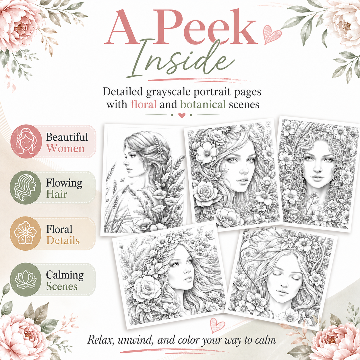 Grayscale Women Coloring Book, Printable PDF Download