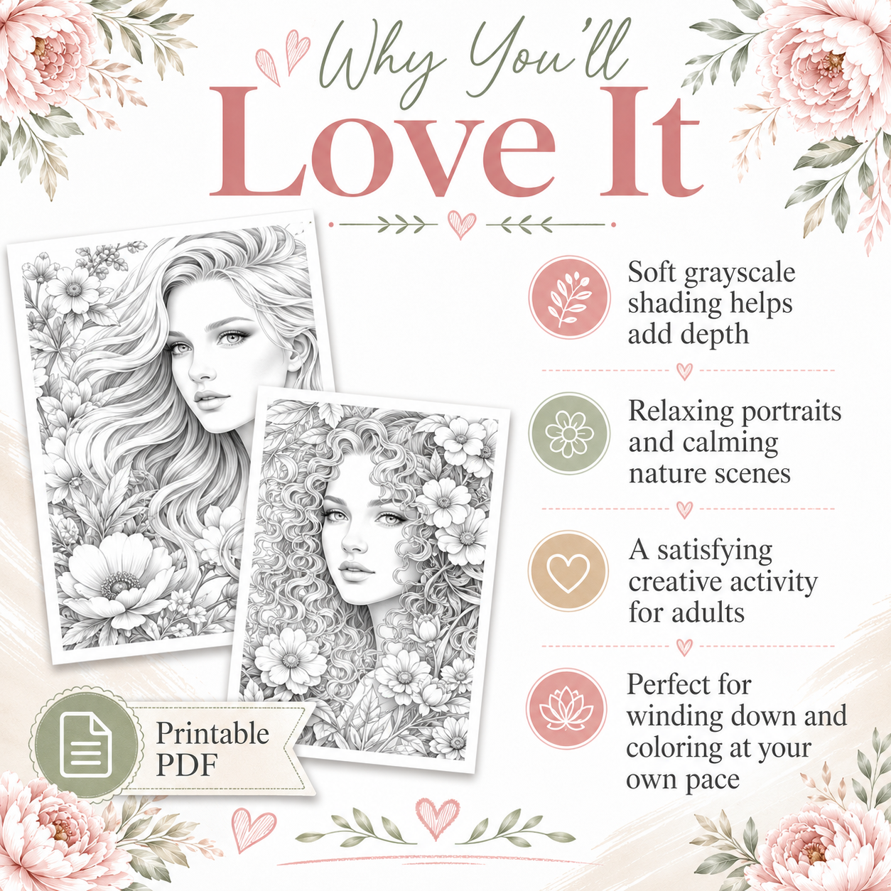 Grayscale Women Coloring Book, Printable PDF Download
