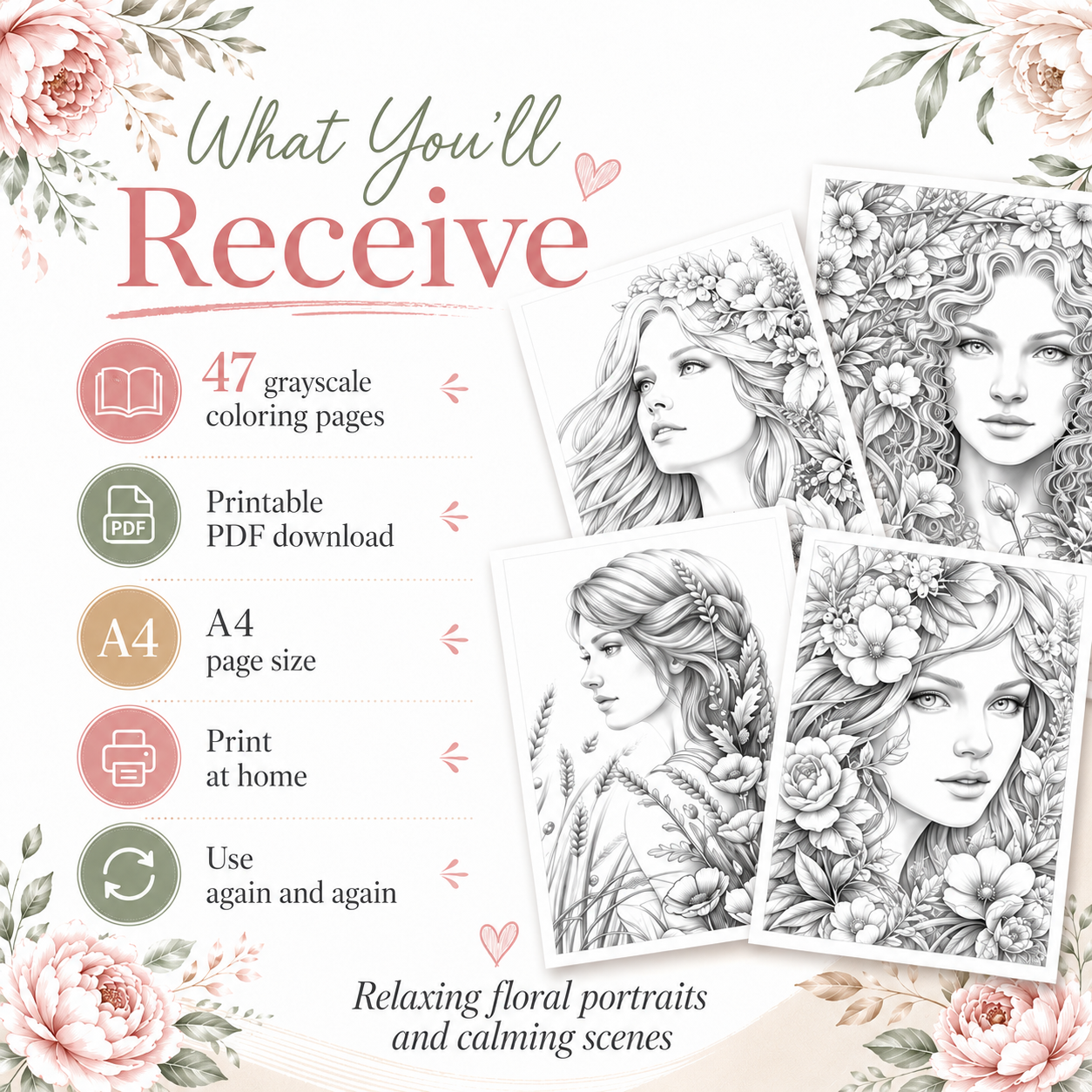Grayscale Women Coloring Book, Printable PDF Download