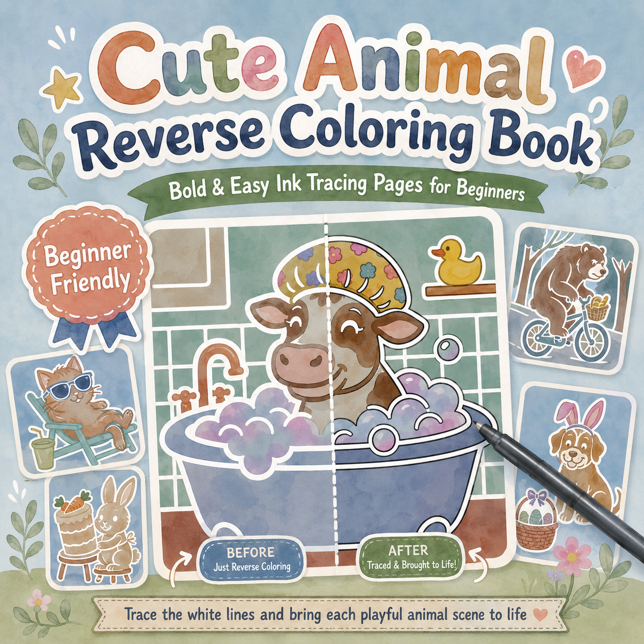 Cute Animal Reverse Coloring Book