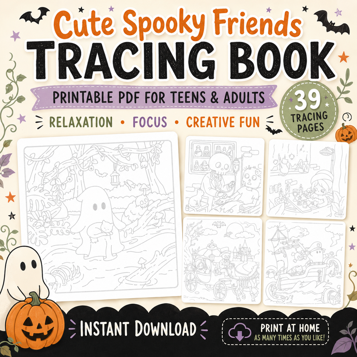 Halloween Tracing Pages for Teens & Adults, Spooky Friends Printable PDF, Relaxing Practice