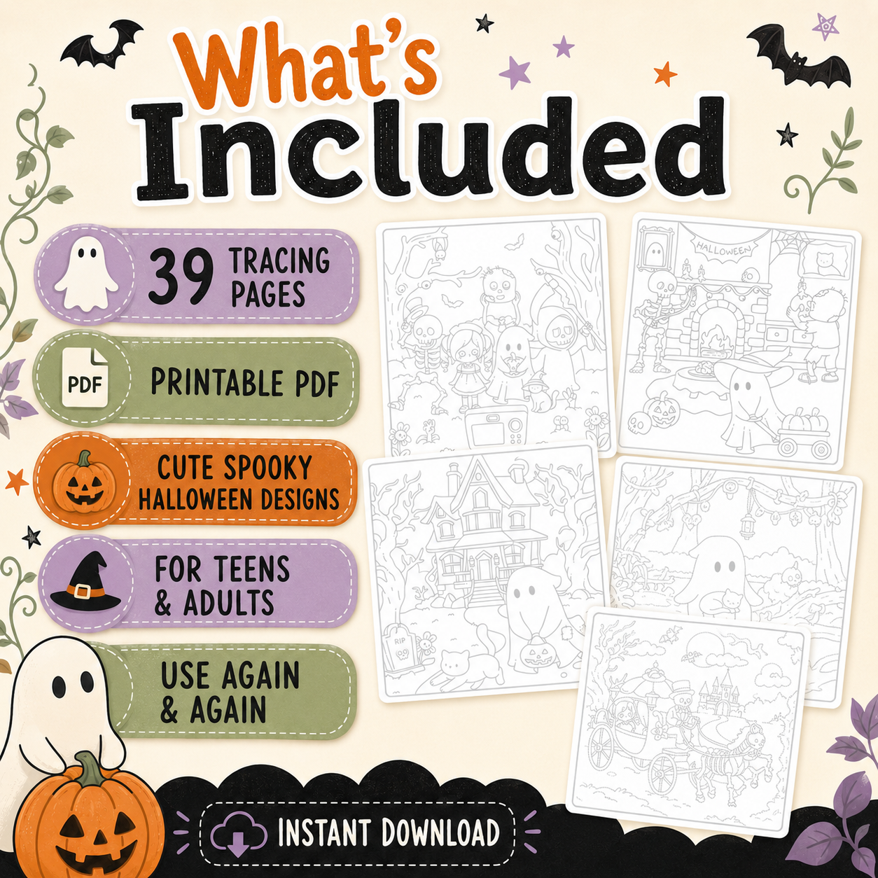Halloween Tracing Pages for Teens & Adults, Spooky Friends Printable PDF, Relaxing Practice