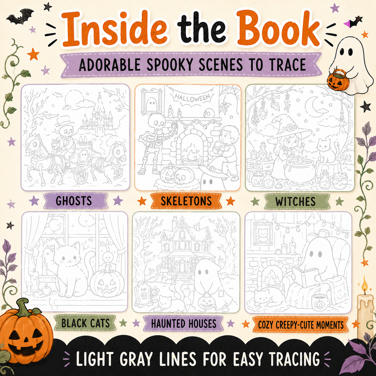 Halloween Tracing Pages for Teens & Adults, Spooky Friends Printable PDF, Relaxing Practice