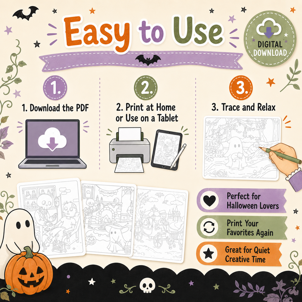 Halloween Tracing Pages for Teens & Adults, Spooky Friends Printable PDF, Relaxing Practice