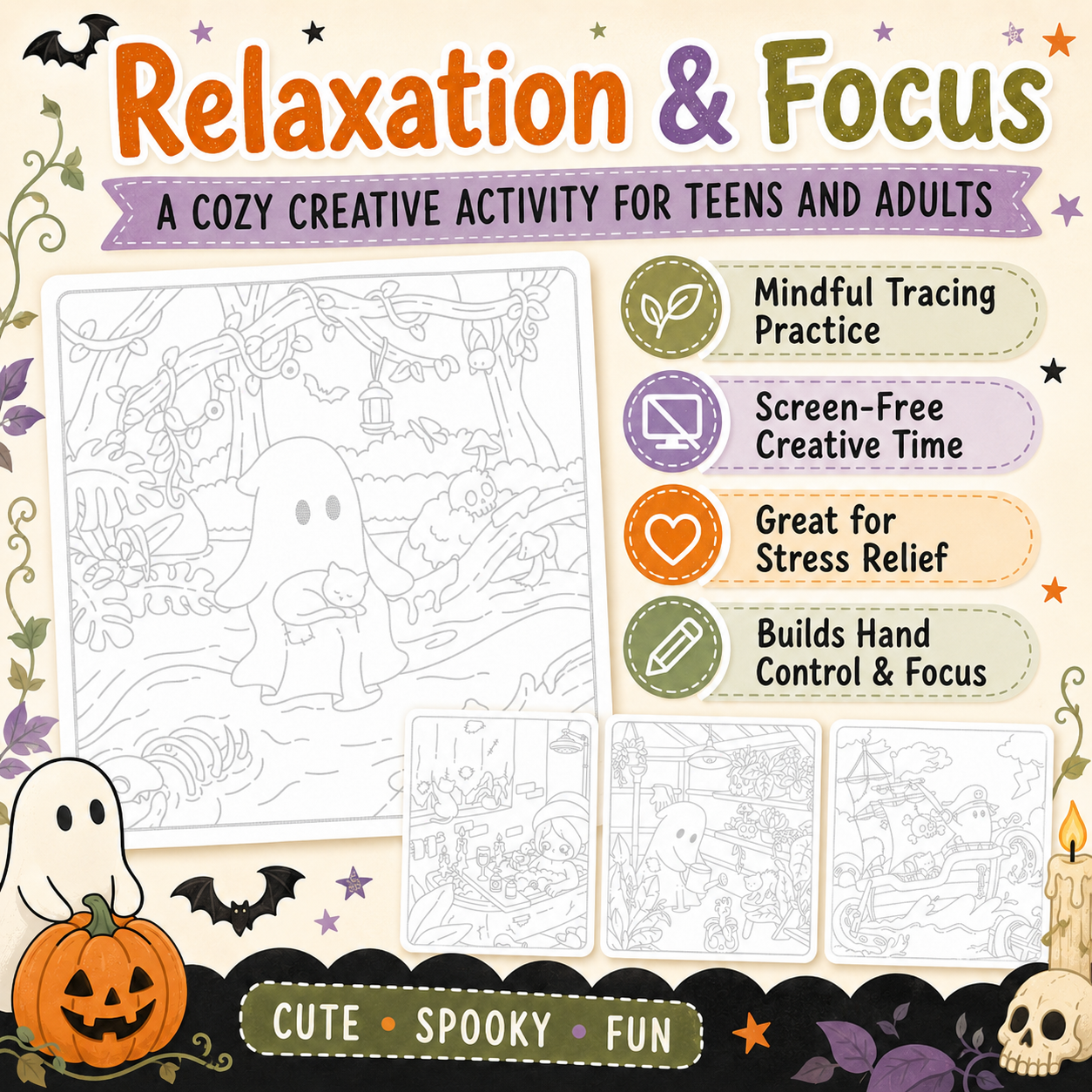 Halloween Tracing Pages for Teens & Adults, Spooky Friends Printable PDF, Relaxing Practice