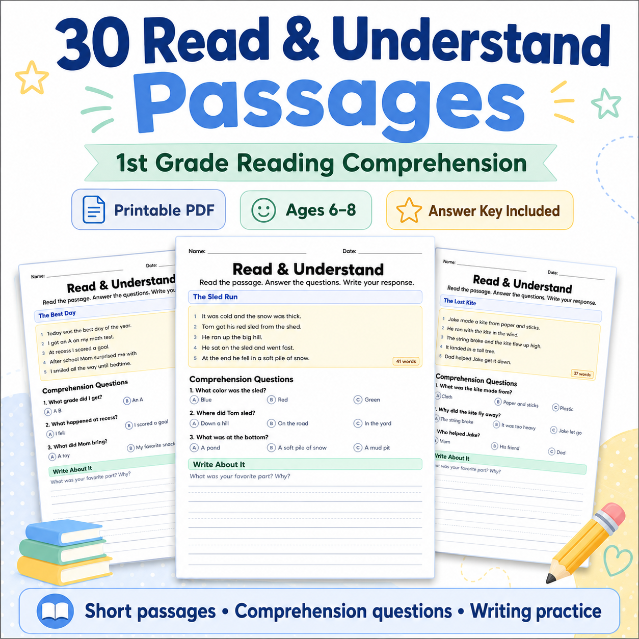 Book cover of '30 Read & Understand Passages' for 1st grade reading comprehension with sample pages displayed.