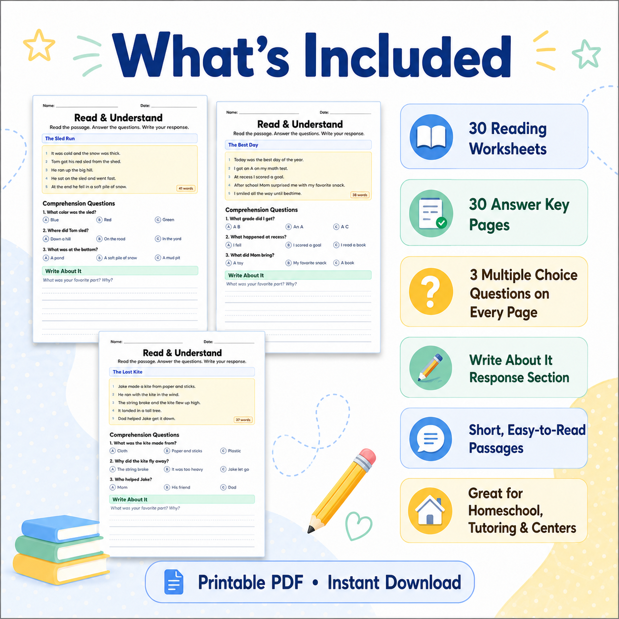 Educational materials with worksheets, answer keys, and reading passages on a white background.