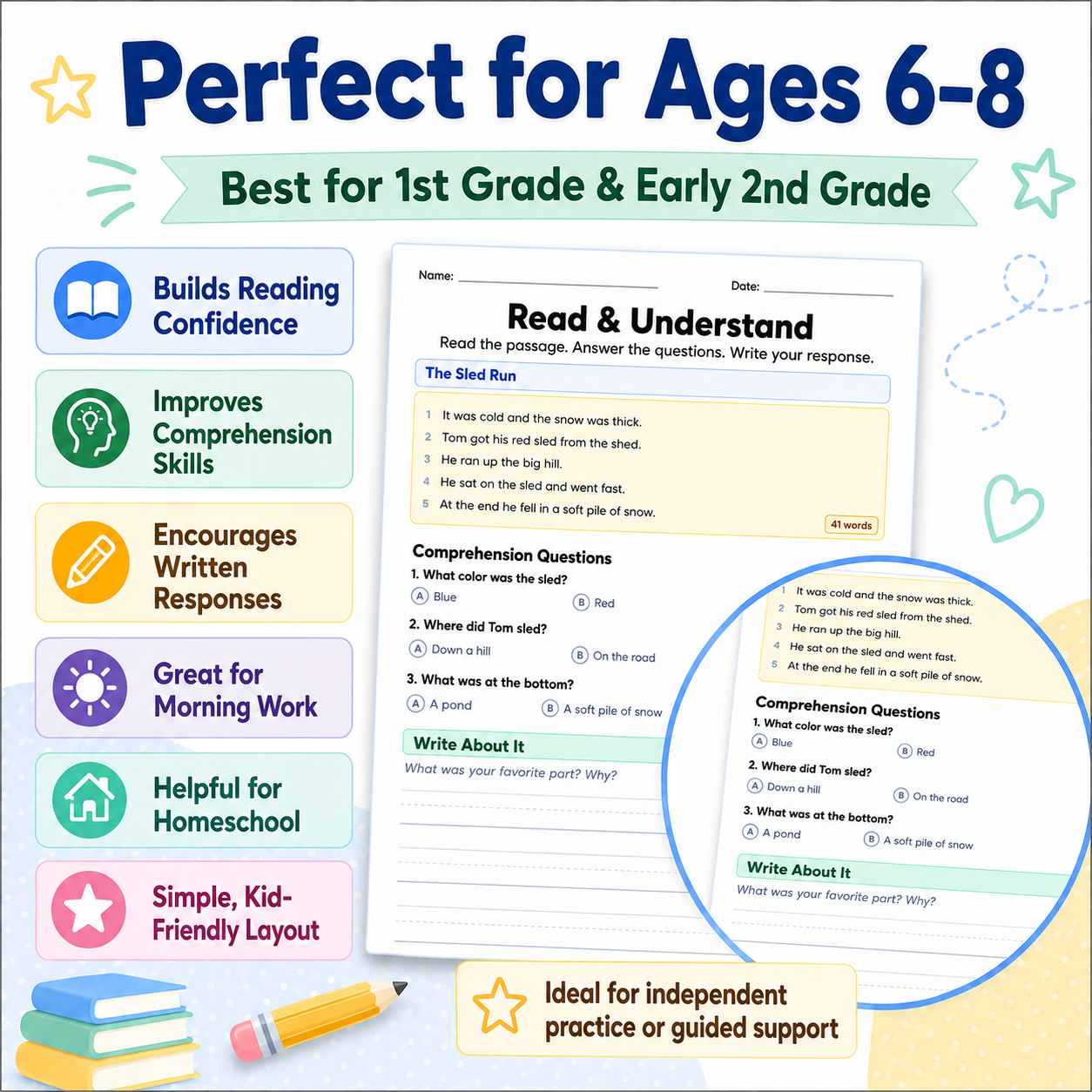 Educational worksheet for ages 6-8 with reading and comprehension exercises, surrounded by colorful text and graphics.