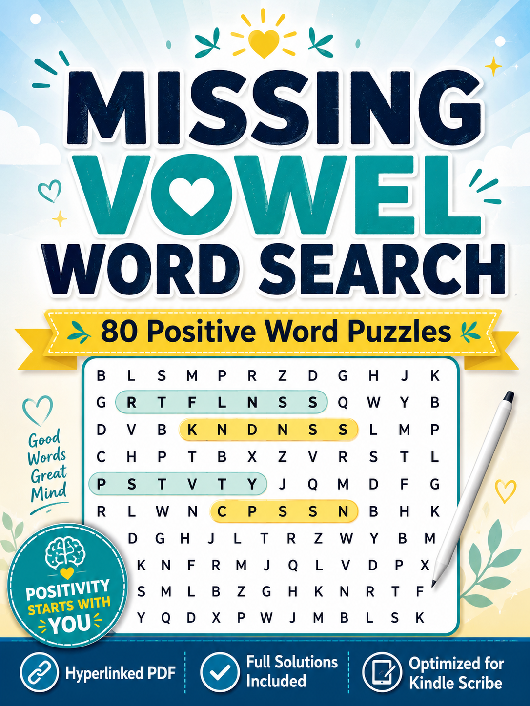 Positive Missing Vowel Word Search for Kindle Scribe – 80 Interactive Word Puzzles with Solutions